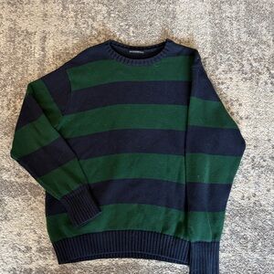Brandy Melville Men's Green and Black Striped Crewneck Sweater